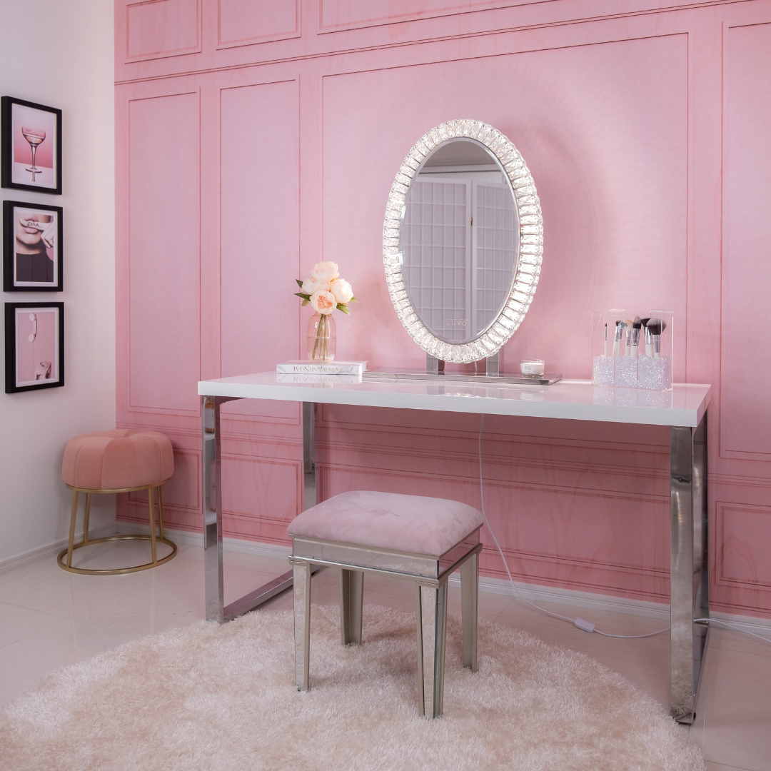 Pink vanity online mirror with lights